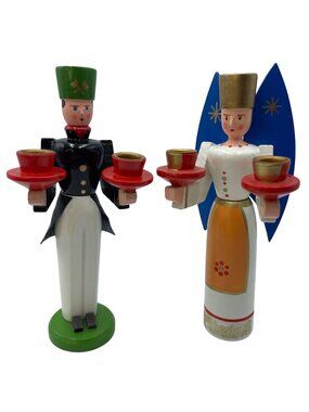 Vintage German Wooden Angel & Miner Candle Holders Hand-Painted Christmas Decor